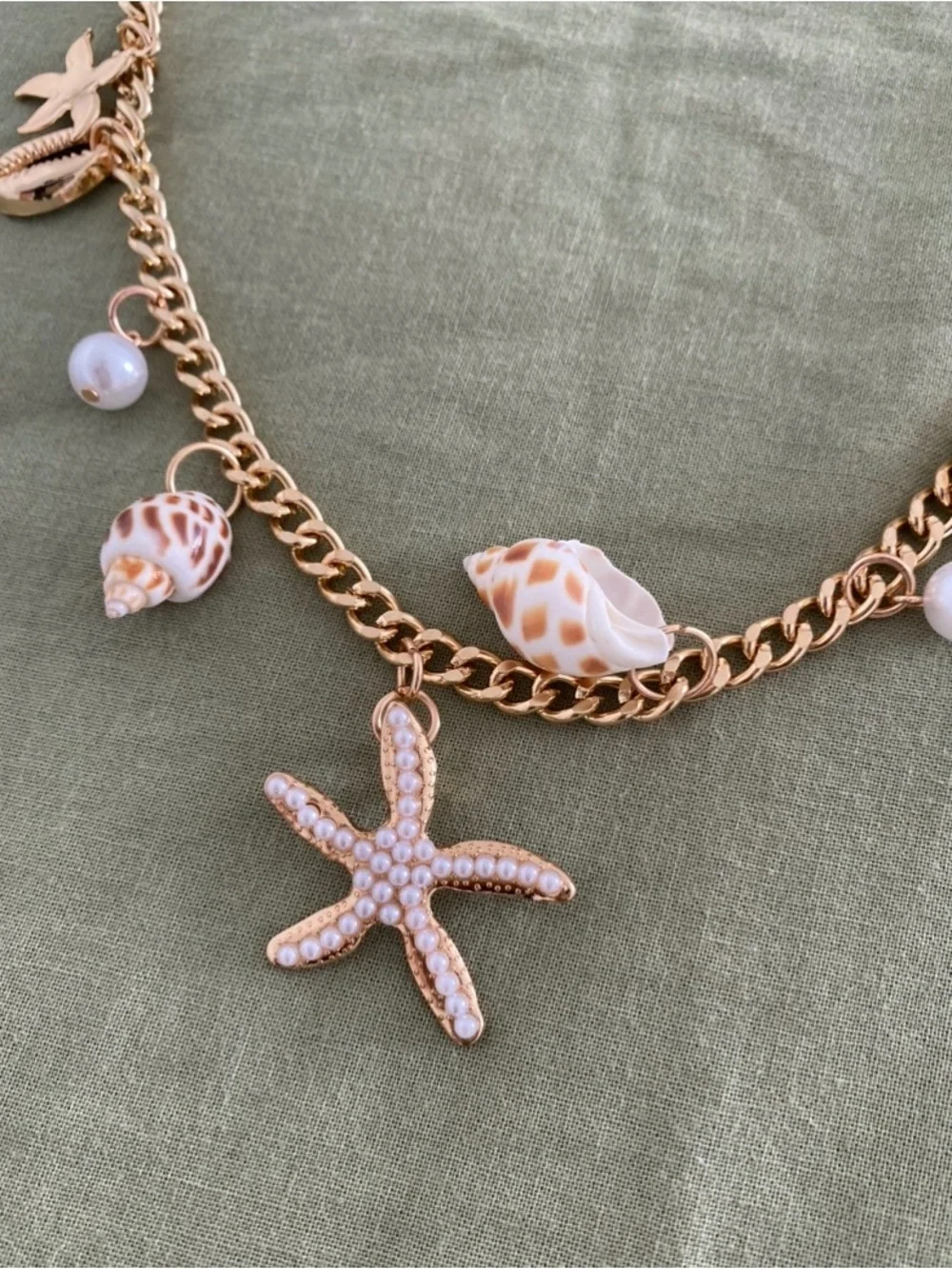 Gold-Tone Seashell Charm Necklace with Pearls